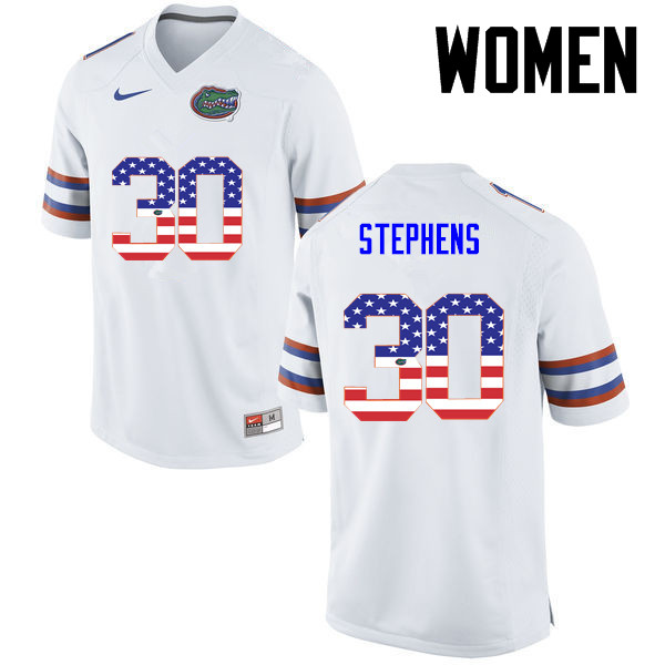 Women Florida Gators #30 Garrett Stephens College Football USA Flag Fashion Jerseys-White - Click Image to Close